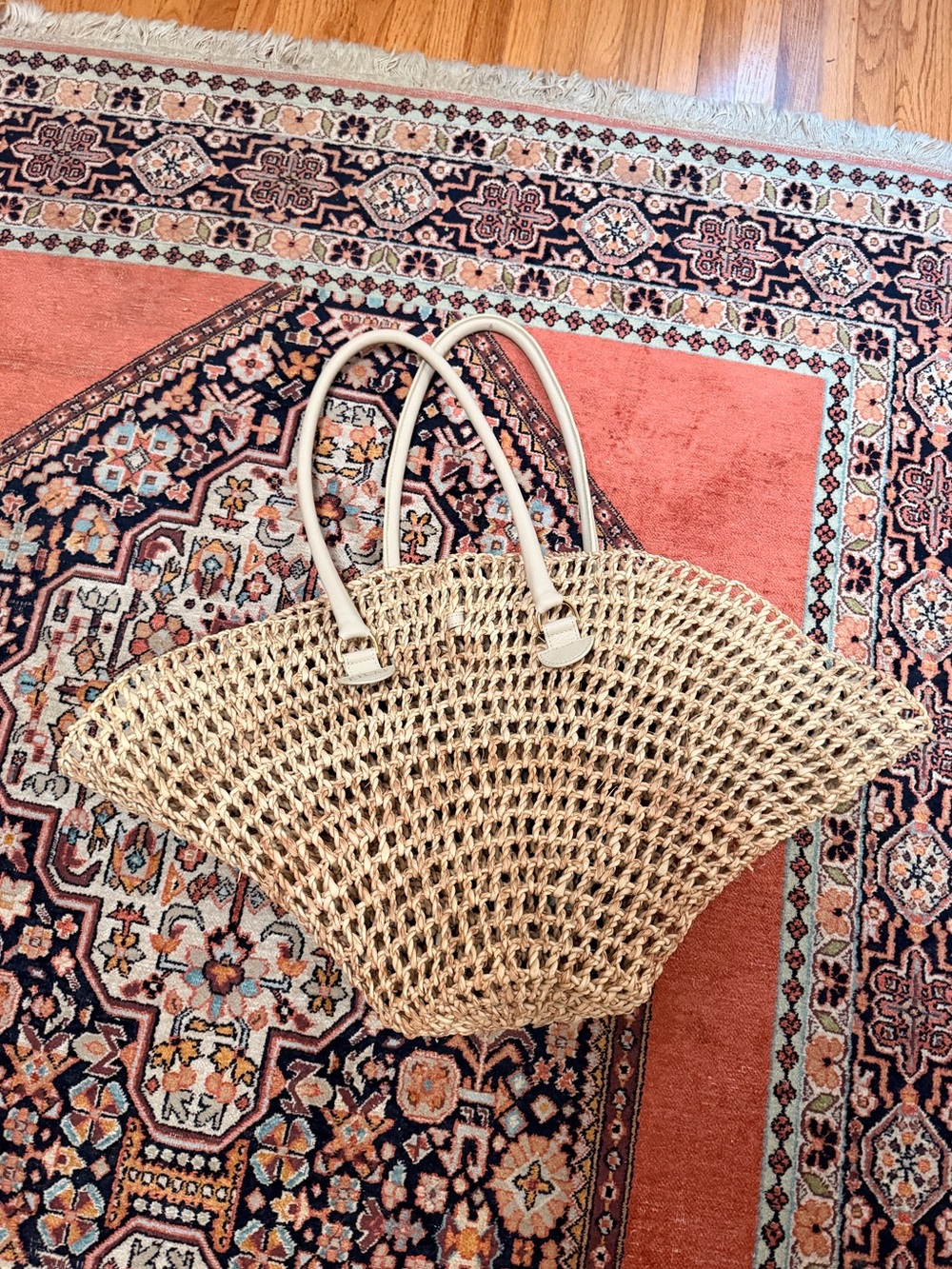 Eilaf Shamisa Braided Natural Straw Bucket Tote Ivory Leather Trim $395 - Picture 4 of 14